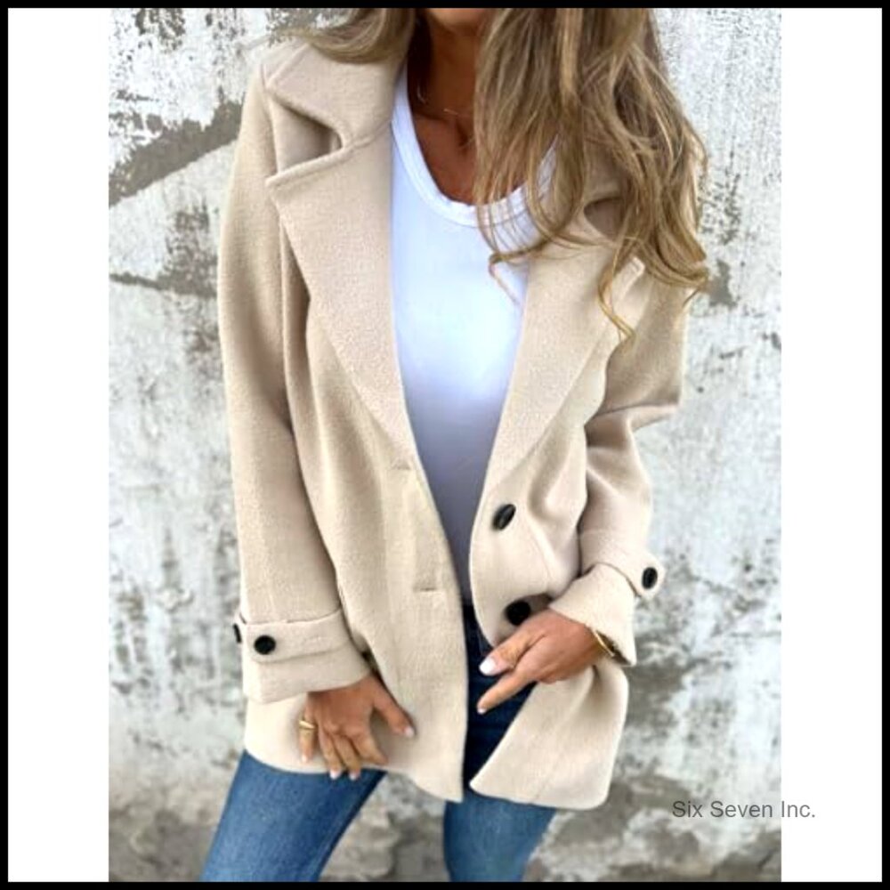 Wool Blended Pea Coat Mid Length Notch Lapel Long Sleeve - Picture 4 of 4
